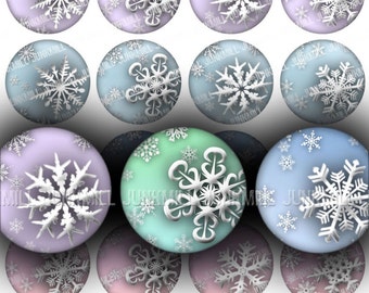FROSTY SNOWFLAKES - Digital Printable Collage Sheet - Retro Pastel Snowflakes, Winter Holiday, Christmas, 1" Circles, 25 mm Round