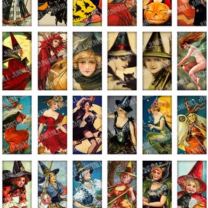 BEWITCHED Digital Printable Collage Sheet Pretty Victorian Witches, Vintage Halloween Pin-Ups & Black Cats, 1 x 2, Domino Tile image 2