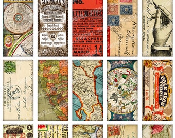 PAPER BITS - Digital Printable Collage Sheet - Vintage Postcards, Antique Maps, Old Book Pages & Ephemera, 1" x 2" Tiles, Instant Download