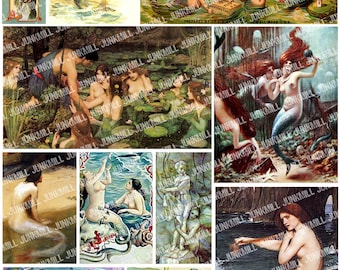 ENCHANTED MERMAIDS - Digital Printable Collage Sheet - Victorian & Renaissance Paintings of Mermaids and Water Fairies, Instant Download