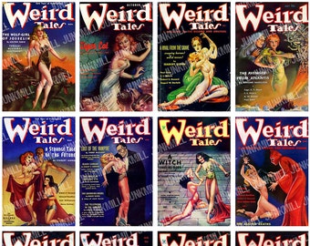 WEiRD TALES II - Digital Printable Collage Sheet -Science Fiction Magazine Covers with Fantasy Pin-Up Girls, Occult Horror Pulp Fiction