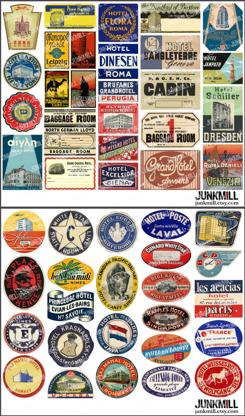 STEAMTRUNK LABELS 5 Digital Printable Collage Sheets Vintage Luggage Labels, Souvenir Travel Labels from Europe, Instant Download image 5