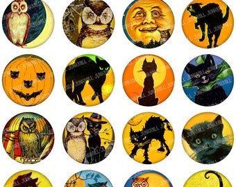 FULL MOON - Digital Printable Collage Sheet - Vintage Black Cats, Jack-o-Lanterns & Halloween Owls, 1" Circles (25 mm) / 1.25" Circles