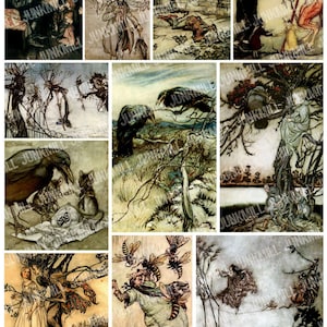 May include: A collage of nine vintage illustrations depicting scenes from a dark fantasy story. The illustrations feature a variety of characters, including a man in a top hat, a crow, a woman in a white dress, and a group of children. The illustrations are drawn in a detailed and intricate style, with a focus on the characters' expressions and the surrounding environment.