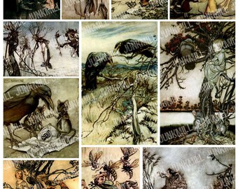 SINISTER SPIRITS - Digital Printable Collage Sheet - Dark Gothic Victorian Fairies, Elves, Crows & Ravens, Arthur Rackham Illustrations