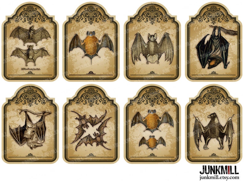 Vintage Vampire Bat Hang Tags VICTORIAN BATS Instant Download Digital Printable Collage Sheet Large Antique Distressed Halloween Tags
