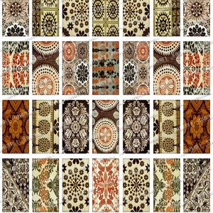 May include: A digital collage sheet with 25 different vintage style patterns. The patterns are in shades of brown, red, and cream. The patterns are geometric and floral.