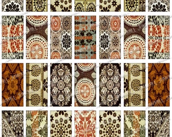 ANTIQUE DAMASK - Digital Printable Collage Sheet - Vintage Quilt Fabric & Ornate Scroll Patterns, 1" x 2" Domino Tiles, Instant Download