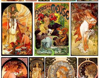 MUCHA MASTERPIECES - Digital Printable Collage Sheet - Alphonse Mucha Images, Art Nouveau Women, French Advertisments, Digital Download