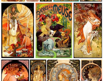MUCHA MASTERPIECES - Digital Printable Collage Sheet - Alphonse Mucha Images, Art Nouveau Women, French Advertisments, Digital Download