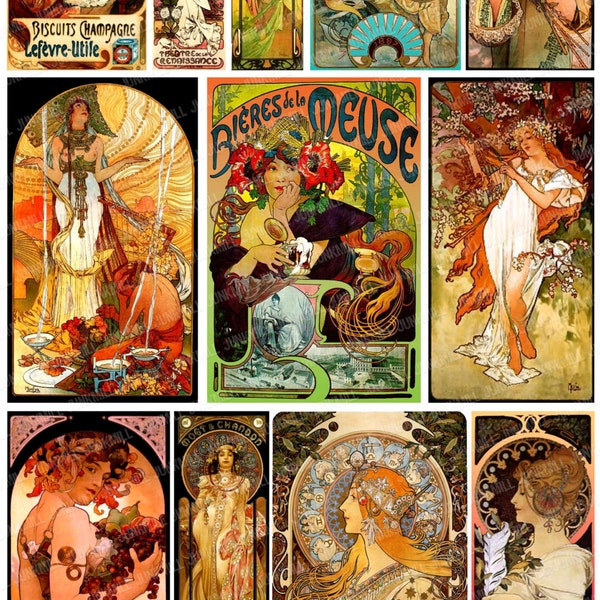 MUCHA MASTERPIECES - Digital Printable Collage Sheet - Alphonse Mucha Images, Art Nouveau Women, French Advertisments, Digital Download