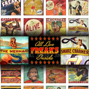 À mi-chemin - feuille de collage numérique imprimable - banderoles de cirque vintage, freaks & geeks, curiosités de Coney Island, carrés de 1 pouce