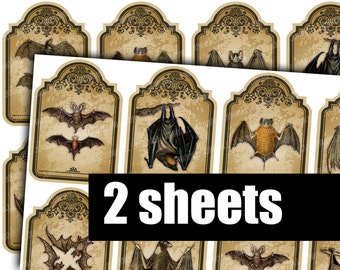 VICTORIAN BATS - Digital Printable Collage Sheet - Vintage Vampire Bat Hang Tags, Large Antique Distressed Halloween Tags, Instant Download