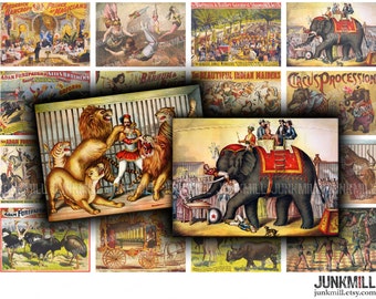 BIG TOP - Digital Printable Collage Sheet - Vintage Circus Animal Banners with Lion Tamers, Ring Masters & Acrobats, Instant Download