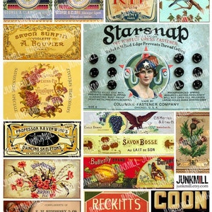 VINTAGE LABELS - Digitaal afdrukbaar collageblad - Vintage antieke labels van Franse parfum, apotheker, wijn en naaiwerk, direct downloaden