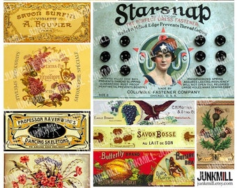 VINTAGE LABELS - Digital Printable Collage Sheet - Vintage Antique Labels from French Perfume, Apothecary, Wine & Sewing, Instant Download