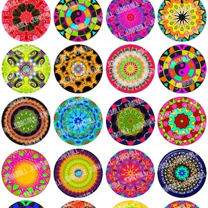 MANDALA - Digital Printable Collage Sheet - 1&quot; Circles 25mm & 2&quot; Circles 50mm - Abstract Fractals, Kaleidoscope Patterns, Digital Download