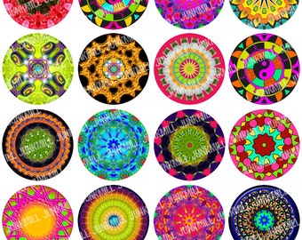 MANDALA - Digital Printable Collage Sheet - 1" Circles 25mm & 2" Circles 50mm - Abstract Fractals, Kaleidoscope Patterns, Digital Download