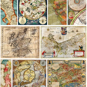 MAPAS ANTIGOS - Folha de colagem digital para impressão - Gráficos estelares vintage coloridos e mapas do Velho Mundo com França e Itália, download instantâneo