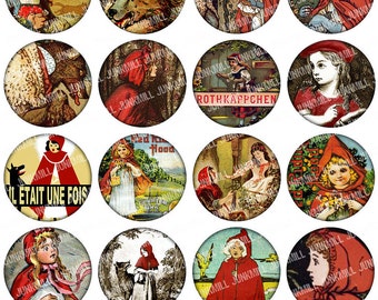 RED RIDING HOOD - Digital Printable Collage Sheet - Vintage Brothers Grimm Fairy Tale Illustrations, Little Red Cap, 1" Circles, 25 mm Round