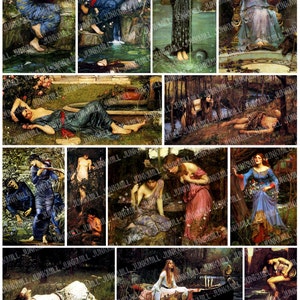May include: A collage of ten paintings depicting women in various settings. The paintings are in a romantic style with lush greenery, flowing water, and ethereal figures. The women are dressed in flowing robes and are often depicted in a contemplative or dreamy state.