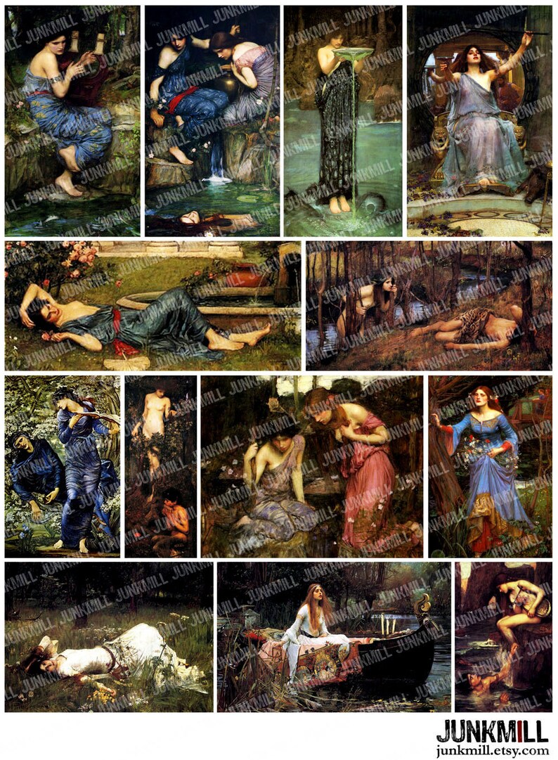May include: A collage of ten paintings depicting women in various settings. The paintings are in a romantic style with lush greenery, flowing water, and ethereal figures. The women are dressed in flowing robes and are often depicted in a contemplative or dreamy state.