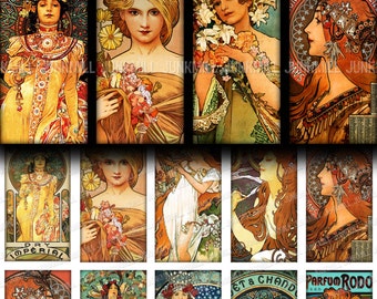 MUCHA TILES - Digital Printable Collage Sheet - 1" x 2" Tiles - Alphonse Mucha, Art Nouveau Paintings, Pendant Images, Digital Download