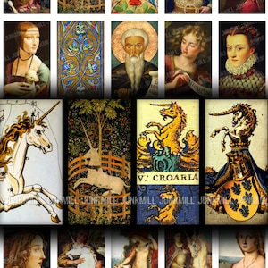UNICORNS & QUEENS - Digital Printable Collage Sheet - Medieval Renaissance Royalty, Castles, Heraldry, Mythology, Domino Tiles 1&quot; x 2&quot;