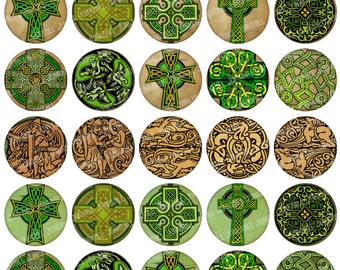 May include: Set of 24 round, green and gold Celtic knot and cross designs. The designs are on a parchment-like background.