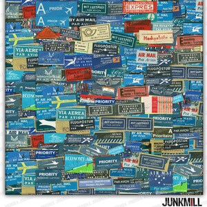 AIRMAIL - 大型デジタル印刷可能画像 - 12" x 12" デジタル スクラップブック用紙 - ヨーロッパの航空郵便ラベル、外国の郵便切手、消印