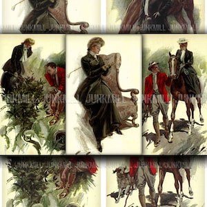 ÉQUINE - feuille de collage numérique imprimable - illustrations équestres Harrison Fisher vintage, chevaux et femmes victoriens, téléchargement immédiat