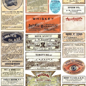 BOTICÁRIO - Folha de colagem digital para impressão - Etiquetas vintage de boticário e medicamentos, drogaria, óleo de cobra, remédios charlatães, download instantâneo