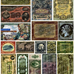 VALUTA - Foglio collage stampabile digitale - Soldi vecchi, banconote antiche, francobolli stranieri, effimeri d'epoca dall'Europa, Asia, download immediato
