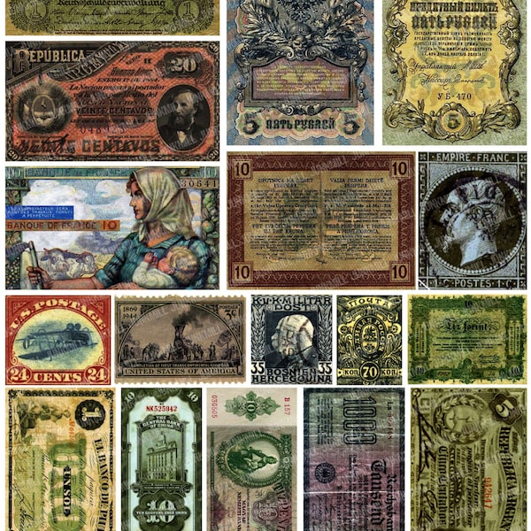 CURRENCY - Digital Printable Collage Sheet - Old Money, Antique Bills, Foreign Stamps, Vintage Ephemera from Europe, Asia, Instant Download