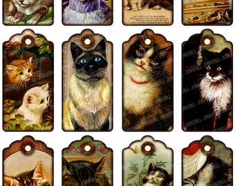 CAT TAGS - Digital Printable Collage Sheet - Whimsical Victorian Cats & Kittens, Antique Vintage Hang Tags, Gift Tags, Scrapbooking Tags