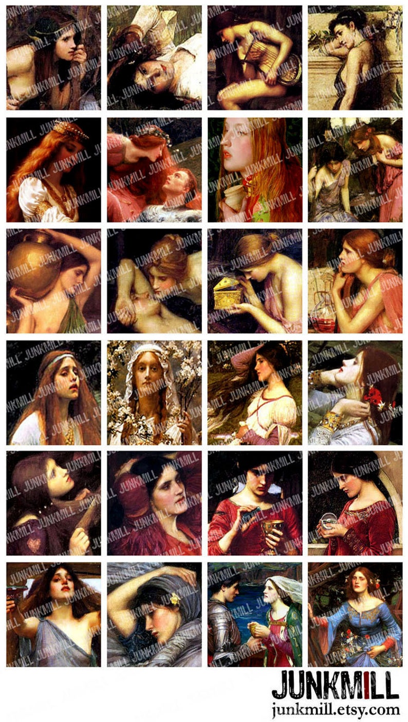 FAIR MAIDENS Digital Printable Collage Sheet Pre-Raphaelite Princesses, Renaissance Women, 1 Square or Scrabble Tile, Instant Download image 3