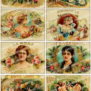 HUMIDOR - Digital Printable Collage Sheet - Vintage Cigar Box Labels, Pretty Victorian Women & Ornate Rose Borders, ATC, Instant Download