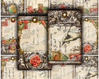 TABULA ROSA - Digital Printable Collage Sheet - French Roses, Vintage Angels, Antique Post Cards, Shabby Hang Tags, Instant Download