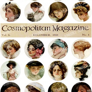 COSMO GIRLS - Folha de colagem digital para impressão - Mulheres vitorianas e moda parisiense por Harrison Fisher, círculo de 1 polegada, 25 mm, download instantâneo