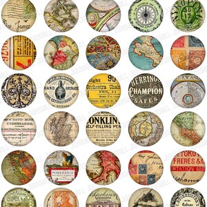PAPER BITS - デジタル印刷可能なコラージュシート - ビンテージポストカード、アンティークマップ、古い本のページ、スクラップエフェメラ、1インチの円、25 mmの円形