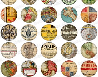 PAPER BITS - Digital Printable Collage Sheet - Vintage Postcards, Antique Maps, Old Book Pages & Scrap Ephemera, 1" Circles, 25 mm Round