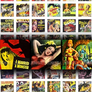 CLASSIQUES CULTES - feuille de collage numérique imprimable - films de science-fiction et d'horreur rétro, carré de 2,5 cm ou tuile de Scrabble, téléchargement immédiat