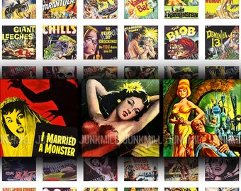 CULT CLASSICS - Digital Printable Collage Sheet - Retro Science Fiction & Horror Movies, 1" Square or Scrabble Tile, Instant Download