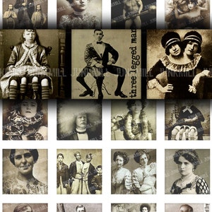 HUMAN ODDITIES Digital Printable Collage Sheet 1X1 Inch Squares & Scrabble Tiles Vintage Circus Freakshow Performers, Digital Download image 1