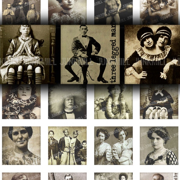 HUMAN ODDITIES - Digital Printable Collage Sheet - 1X1 Inch Squares & Scrabble Tiles - Vintage Circus Freakshow Performers, Digital Download