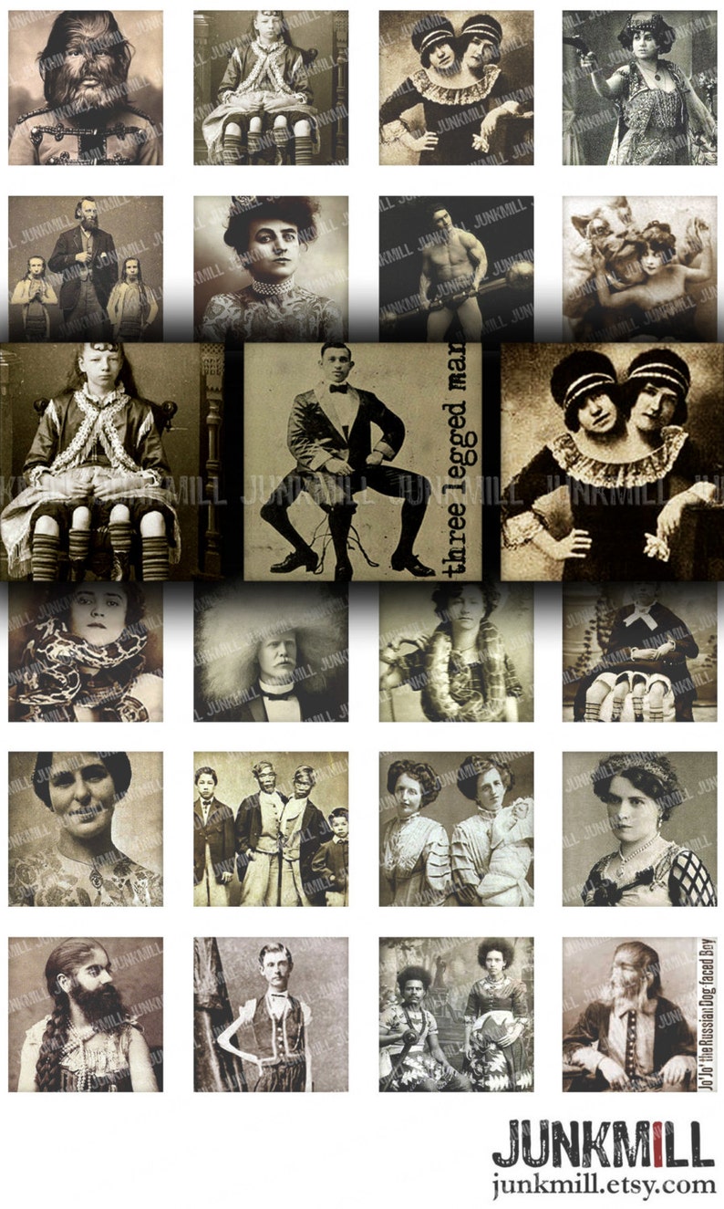 HUMAN ODDITIES Digital Printable Collage Sheet 1X1 Inch Squares & Scrabble Tiles Vintage Circus Freakshow Performers, Digital Download image 1