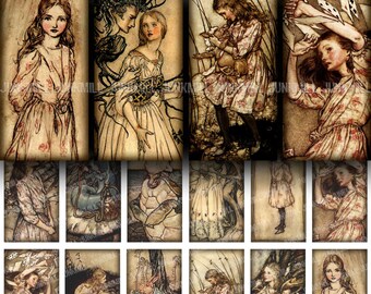 ALICE TILES - Digital Printable Collage Sheet - Vintage Victorian Alice in Wonderland, Arthur Rackham, 1" x 2" Domino Tile, Instant Download