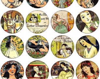 SNOW WHITE - Digital Printable Collage Sheet - Vintage Brothers Grimm Fairy Tale with Seven Dwarfs, Evil Queen, 1" Circles, 25 mm Round