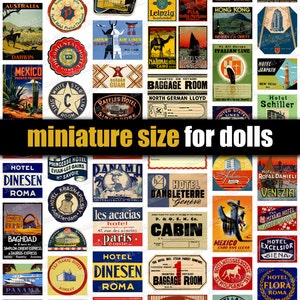 ETIQUETAS DE VIAJE PEQUEÑAS - Hoja de collage imprimible digitalmente - Pegatinas de viaje vintage, etiquetas de equipaje en miniatura para muñecas y maletas para casas de muñecas