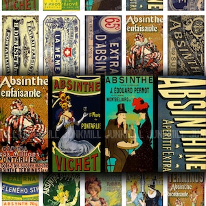 ABSINTHE - Folha de colagem digital para impressão - Etiquetas de absinto vitoriano francês e anúncios de fadas verdes vintage, ladrilhos de dominó 1" x 2"